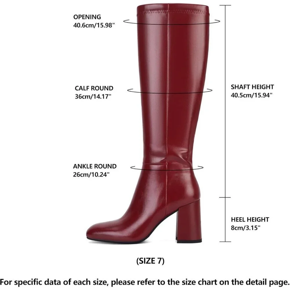 Women's Red Faux Leather Fashion Square Toe Chunky Heel Knee High Boots